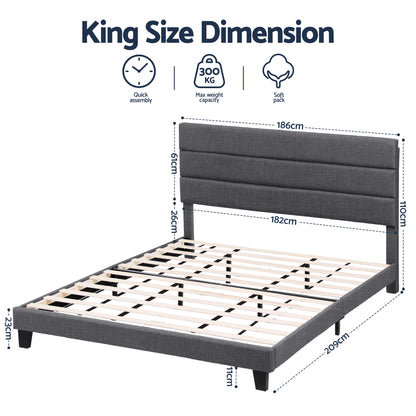 Artiss King Bed Frame Upholstered Platform Base with Geometric Headboard Charcoal Grey Linen Wood Slats for Modern Bedroom Furniture Home Decor - Image 2