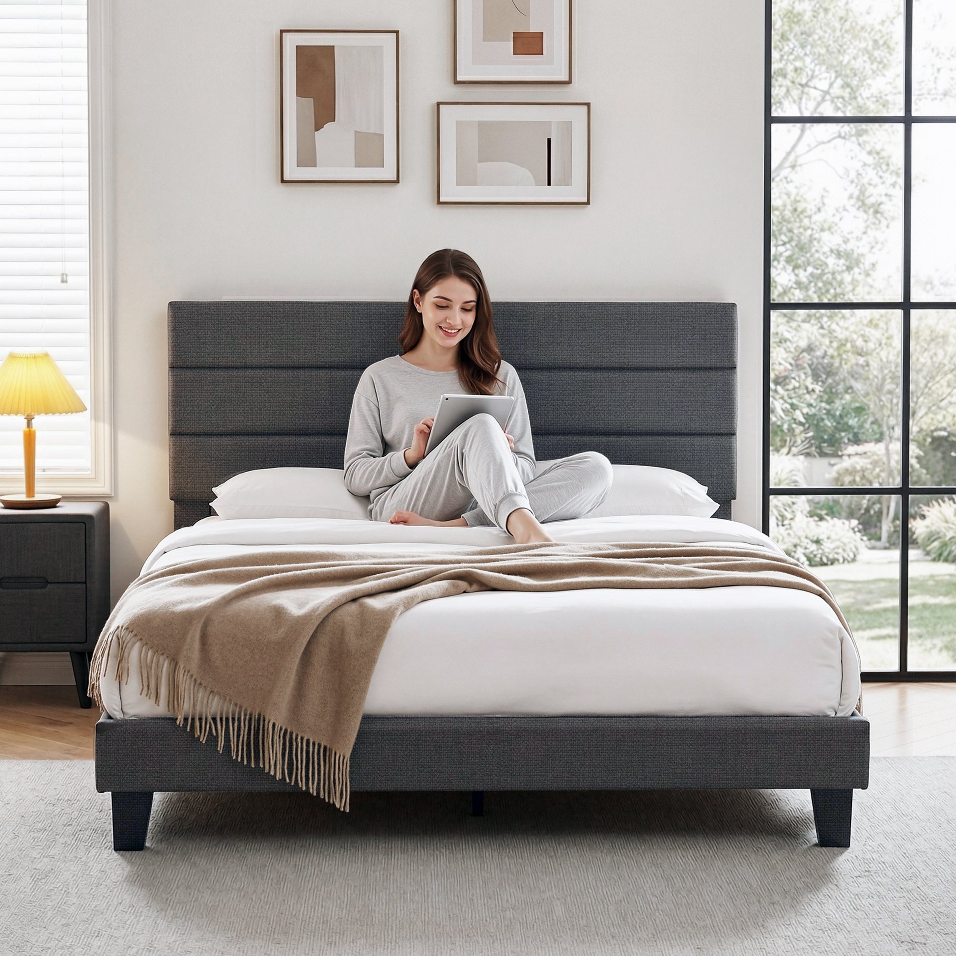 Artiss King Bed Frame Upholstered Platform Base with Geometric Headboard Charcoal Grey Linen Wood Slats for Modern Bedroom Furniture Home Decor - Image 4