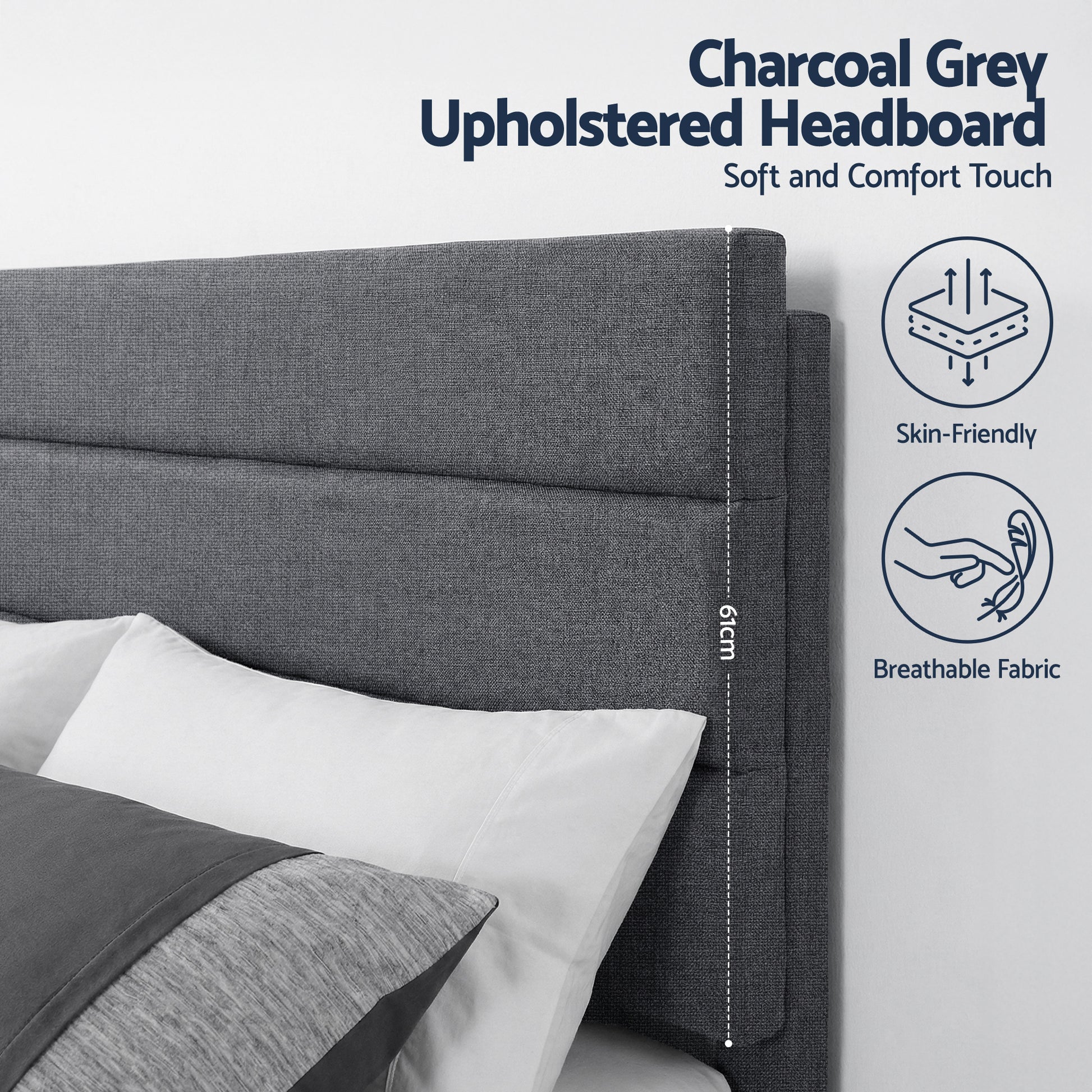 Artiss King Bed Frame Upholstered Platform Base with Geometric Headboard Charcoal Grey Linen Wood Slats for Modern Bedroom Furniture Home Decor - Image 5