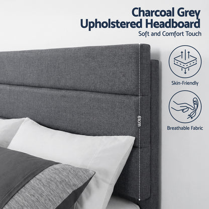 Artiss King Bed Frame Upholstered Platform Base with Geometric Headboard Charcoal Grey Linen Wood Slats for Modern Bedroom Furniture Home Decor - Image 5