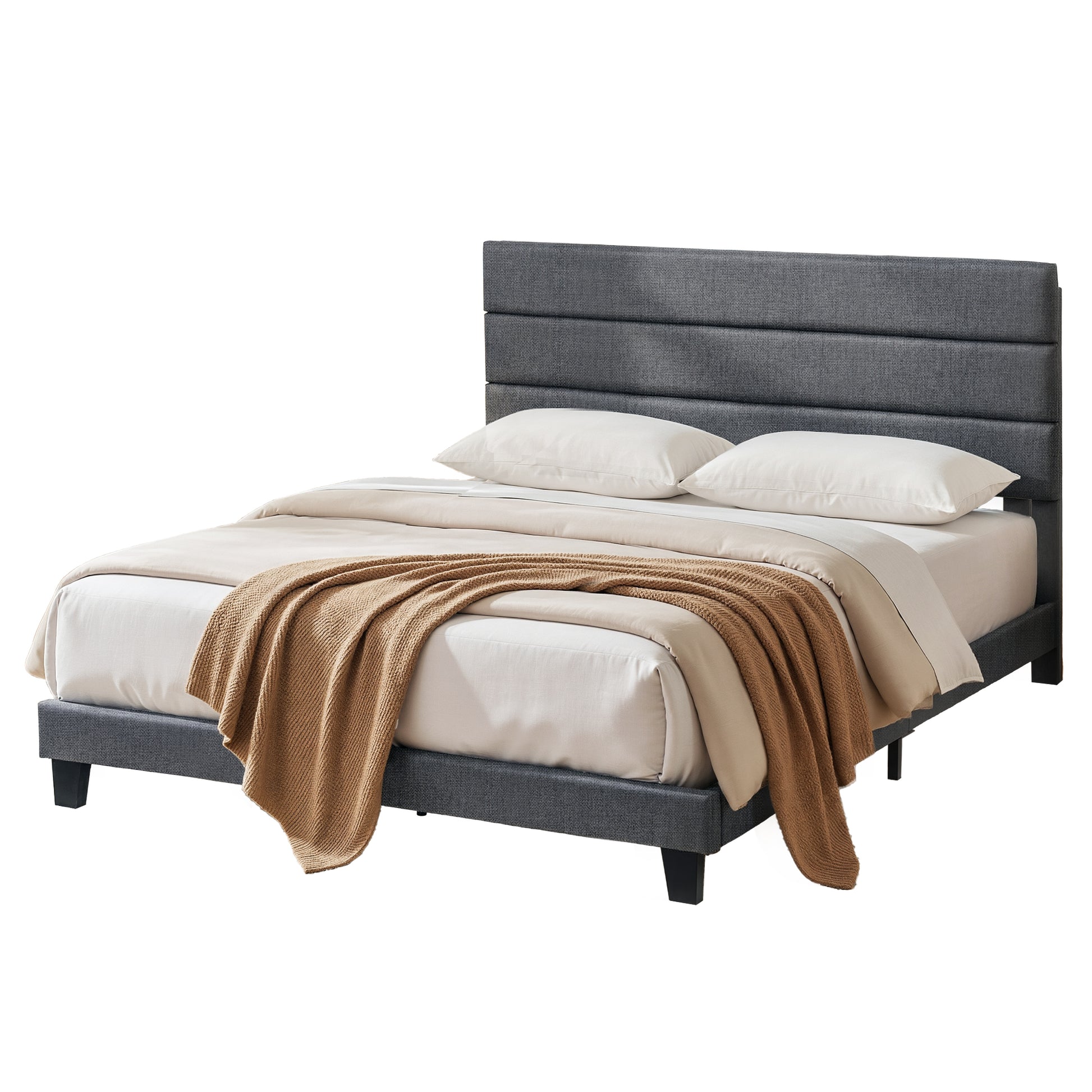 Artiss King Bed Frame Upholstered Platform Base with Geometric Headboard Charcoal Grey Linen Wood Slats for Modern Bedroom Furniture Home Decor - Image 8