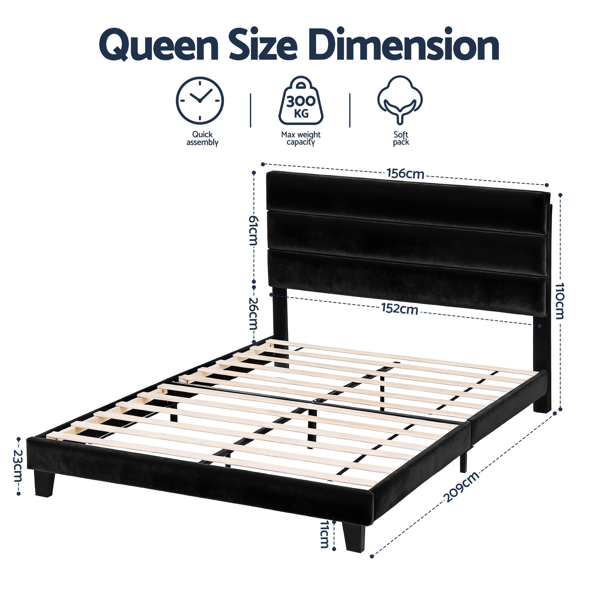 Artiss Queen Bed Frame Upholstered Platform Base with Geometric Headboard Black Velvet - Image 2