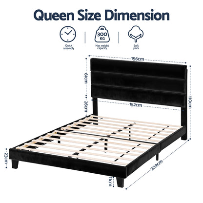 Artiss Queen Bed Frame Upholstered Platform Base with Geometric Headboard Black Velvet - Image 2
