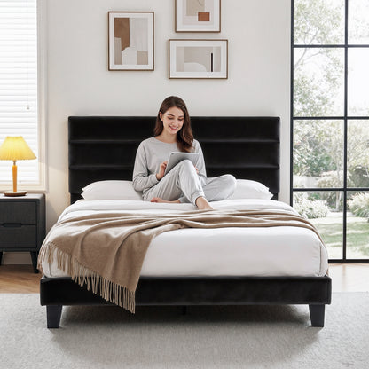 Artiss Queen Bed Frame Upholstered Platform Base with Geometric Headboard Black Velvet - Image 4