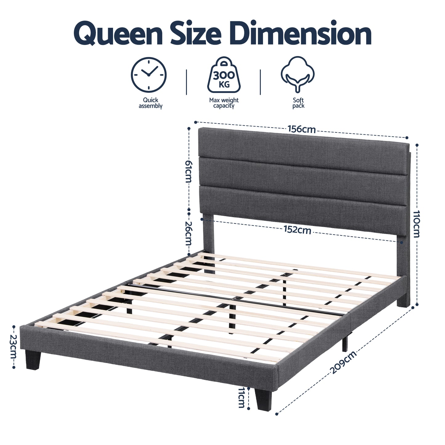 Artiss Queen Bed Frame Upholstered Platform Base with Geometric Headboard Charcoal Grey Linen Wood Slats for Modern Bedroom Furniture Home Decor - Image 2