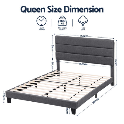 Artiss Queen Bed Frame Upholstered Platform Base with Geometric Headboard Charcoal Grey Linen Wood Slats for Modern Bedroom Furniture Home Decor - Image 2