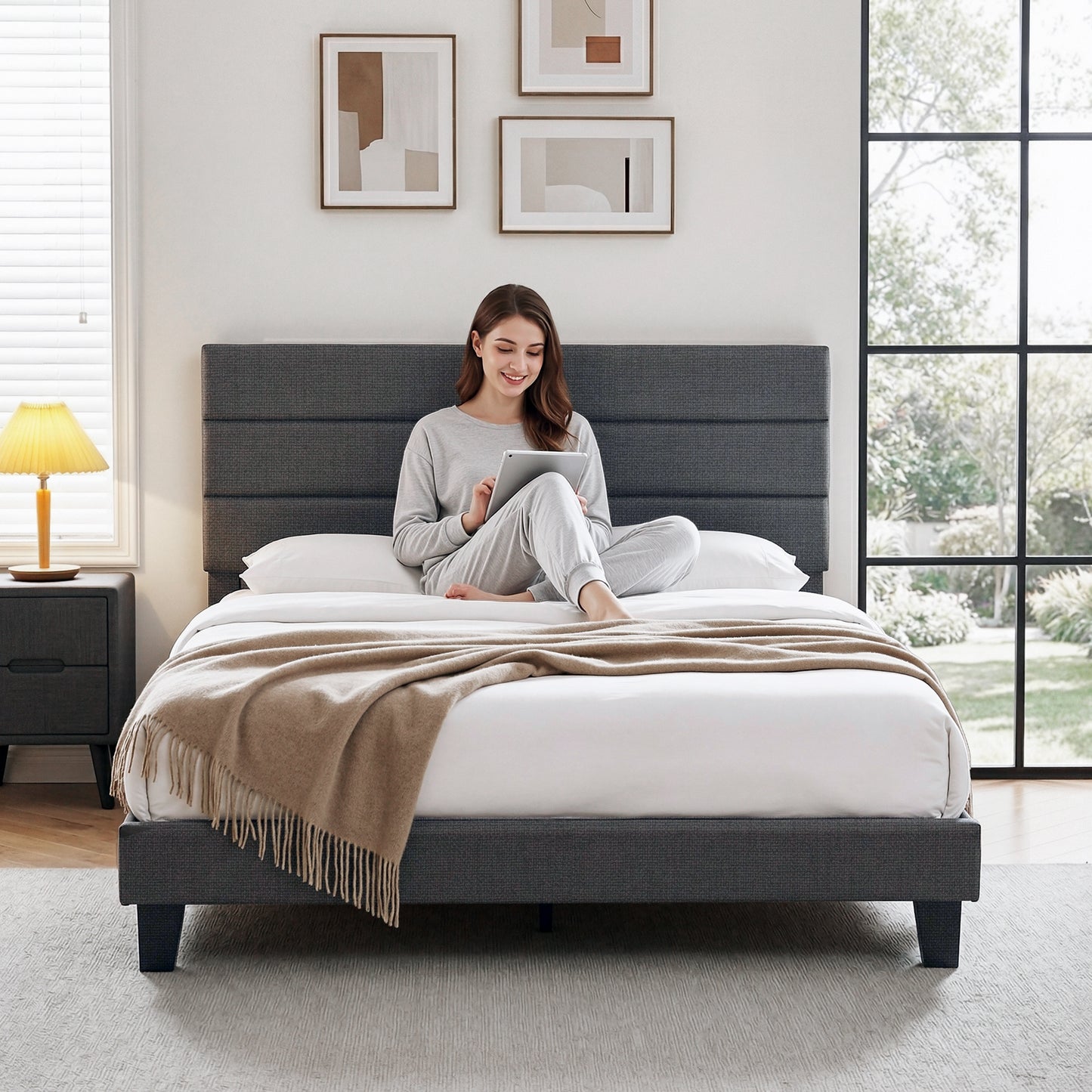 Artiss Queen Bed Frame Upholstered Platform Base with Geometric Headboard Charcoal Grey Linen Wood Slats for Modern Bedroom Furniture Home Decor - Image 4