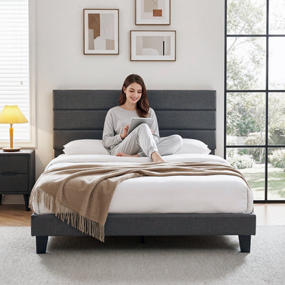 Artiss Queen Bed Frame Upholstered Platform Base with Geometric Headboard Charcoal Grey Linen Wood Slats for Modern Bedroom Furniture Home Decor - Image 4