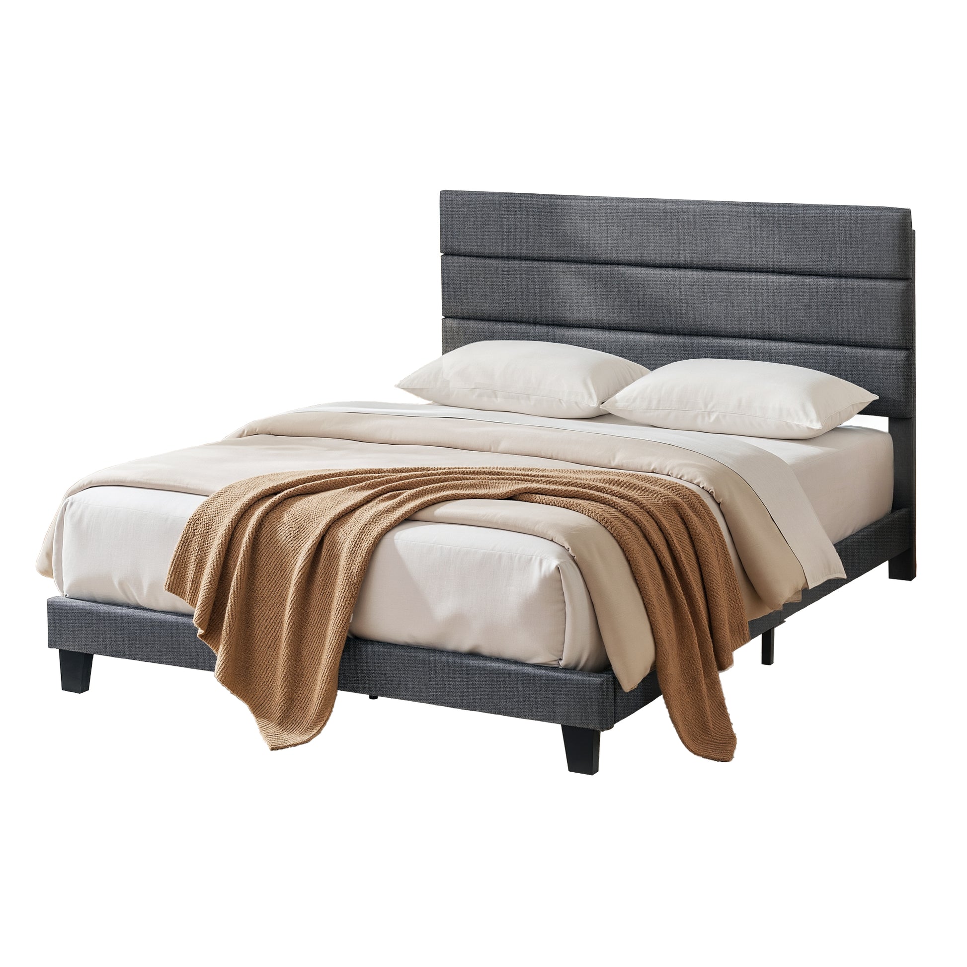 Artiss Queen Bed Frame Upholstered Platform Base with Geometric Headboard Charcoal Grey Linen Wood Slats for Modern Bedroom Furniture Home Decor - Image 8