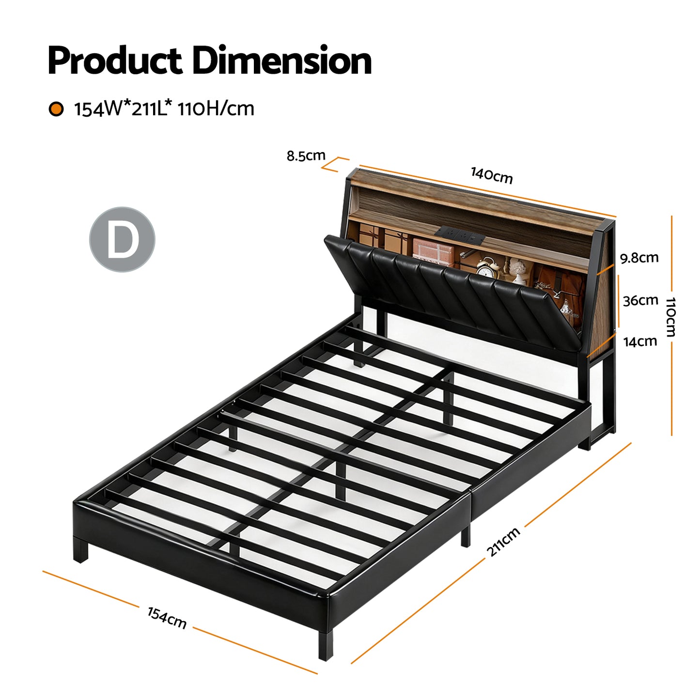 Artiss Double Bed Frame LED Storage Headboard with Charging Station Black - Image 2
