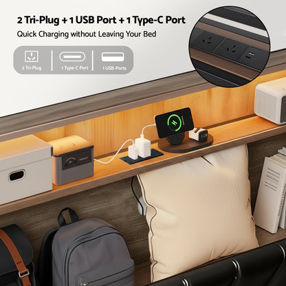 Artiss Double Bed Frame LED Storage Headboard with Charging Station Black - Image 3