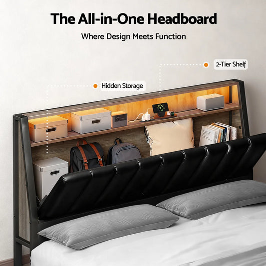 Artiss Double Bed Frame LED Storage Headboard with Charging Station Black - Image 4