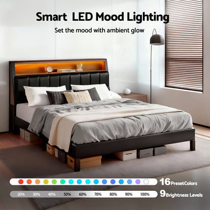 Artiss Double Bed Frame LED Storage Headboard with Charging Station Black - Image 6