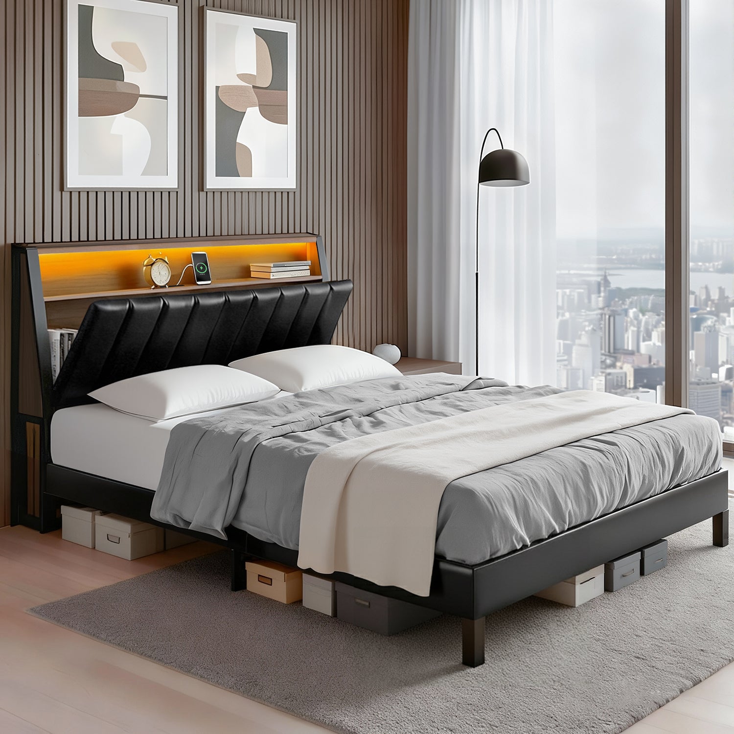 Artiss Double Bed Frame LED Storage Headboard with Charging Station Black - Image 7