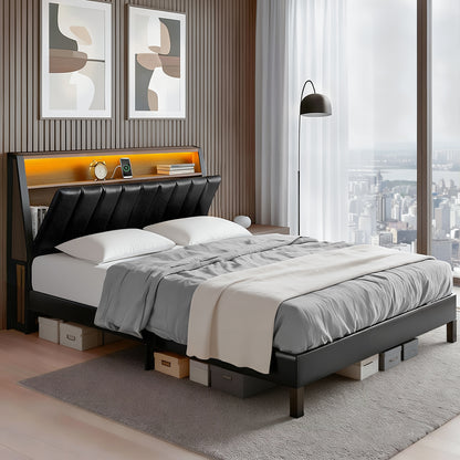 Artiss Double Bed Frame LED Storage Headboard with Charging Station Black - Image 7
