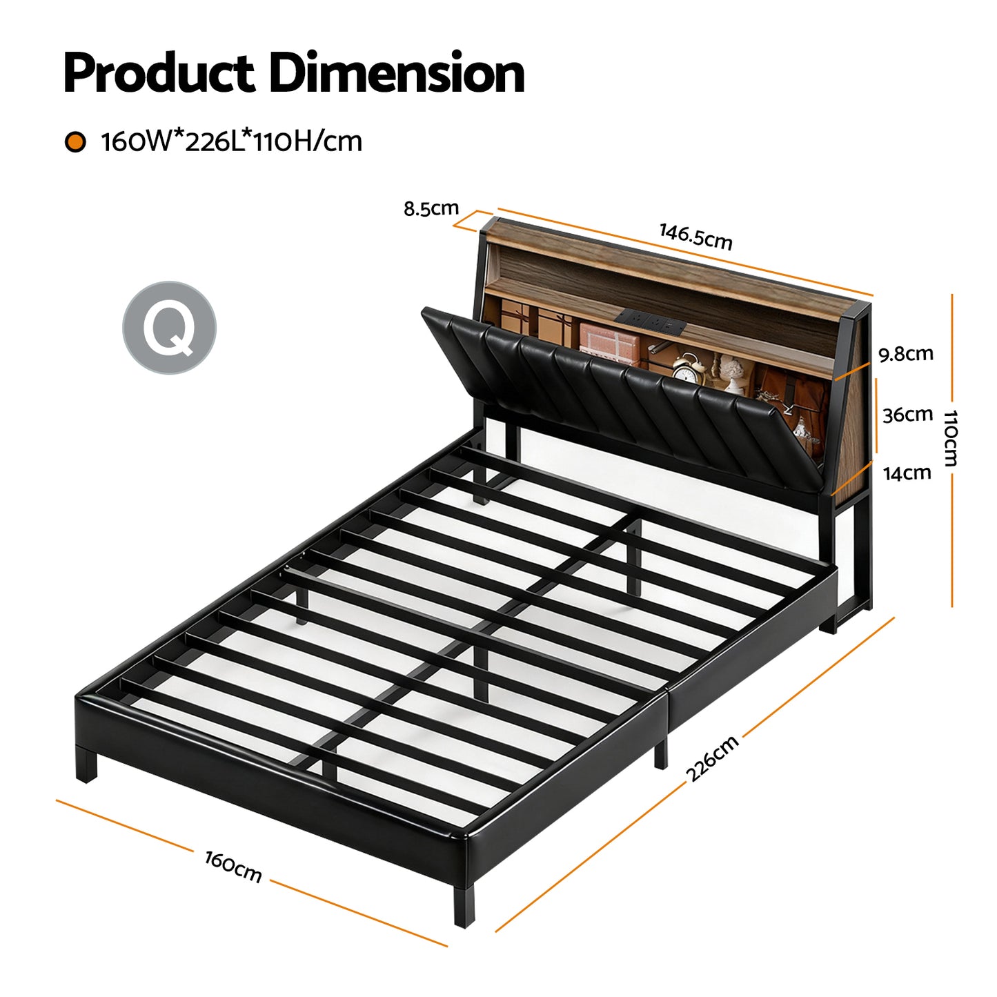 Artiss Queen Bed Frame LED Storage Headboard with Charging Station Black - Image 2