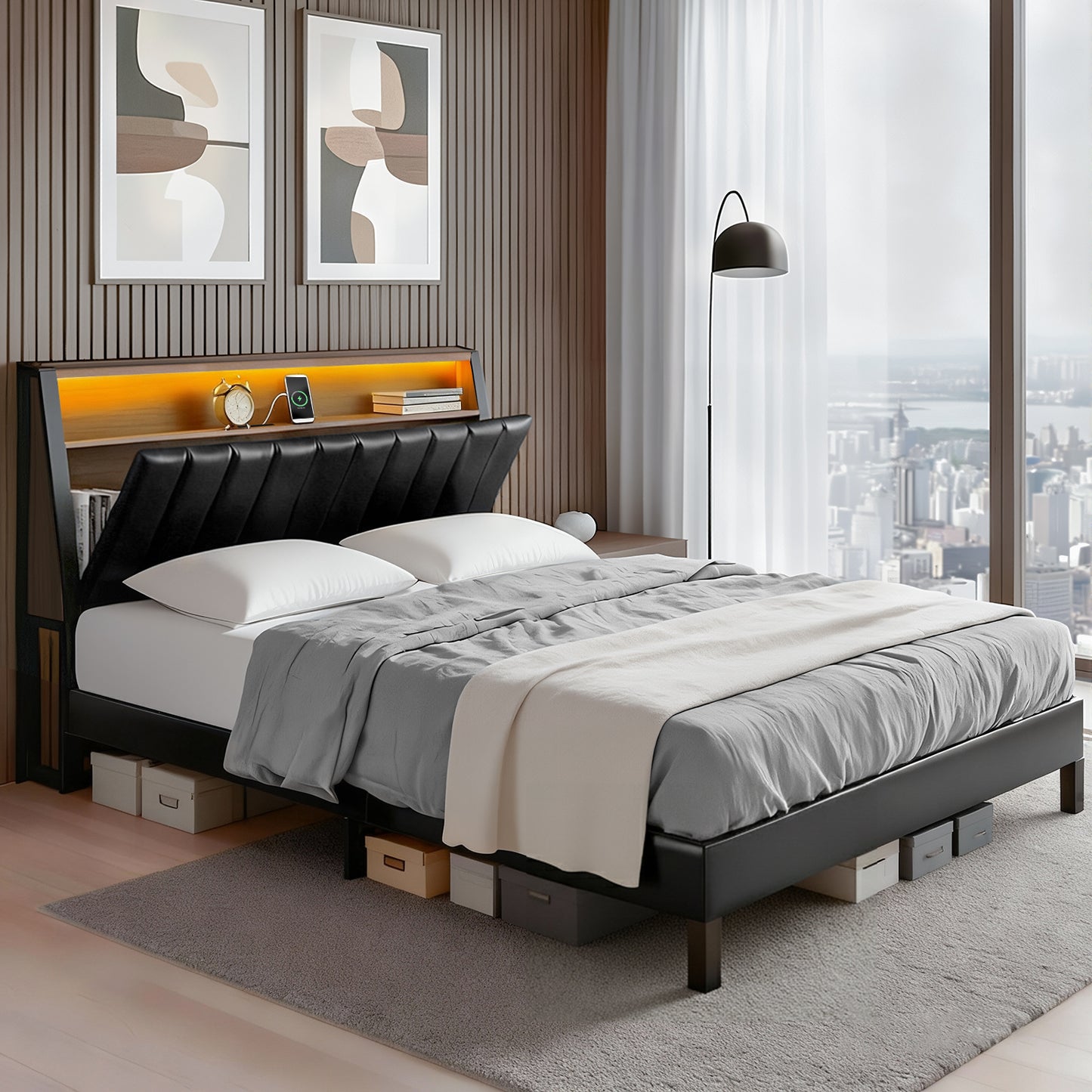 Artiss Queen Bed Frame LED Storage Headboard with Charging Station Black - Image 7