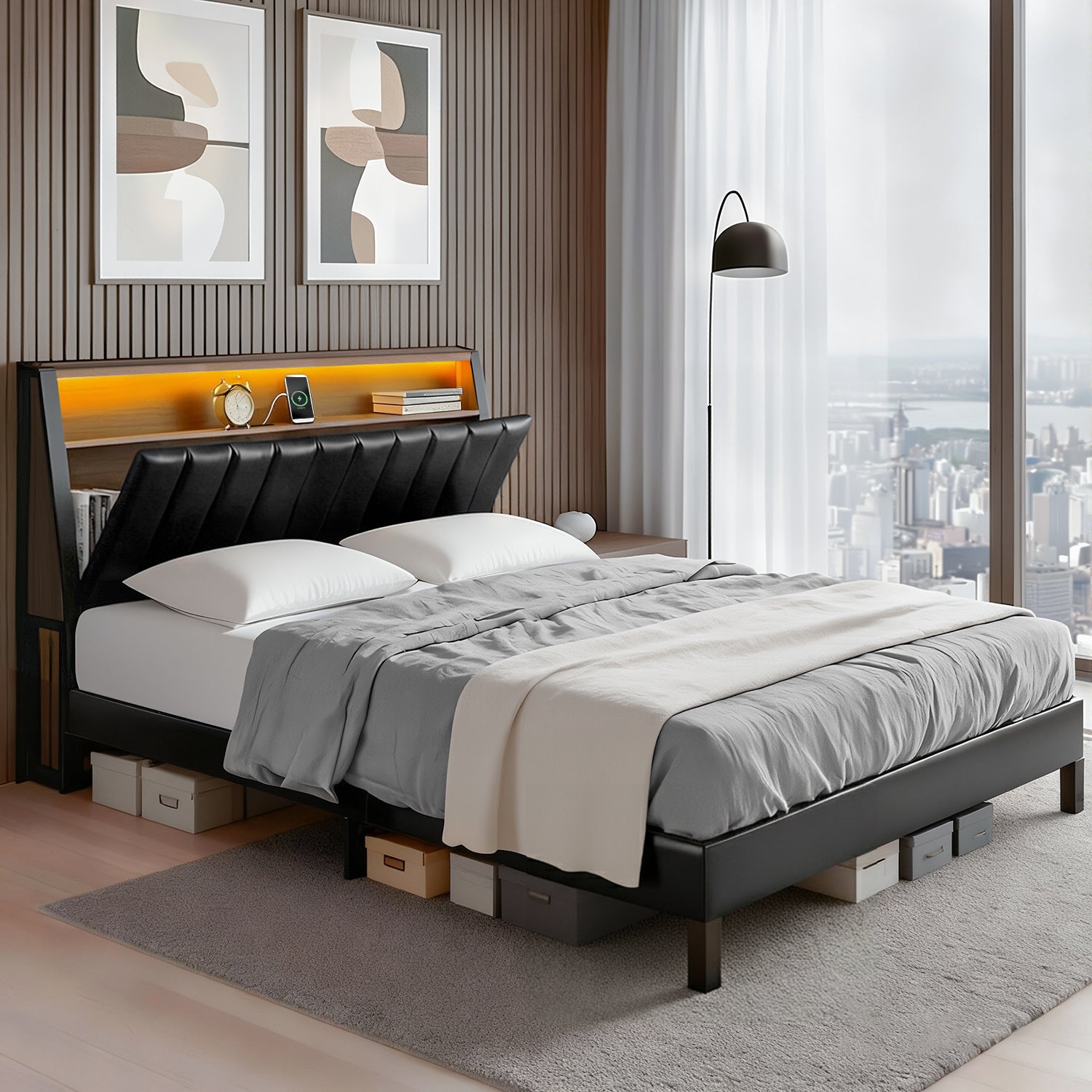 Artiss Queen Bed Frame LED Storage Headboard with Charging Station Black - Image 7