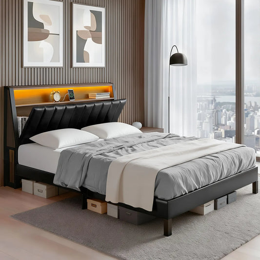 Artiss Queen Bed Frame LED Storage Headboard with Charging Station Black