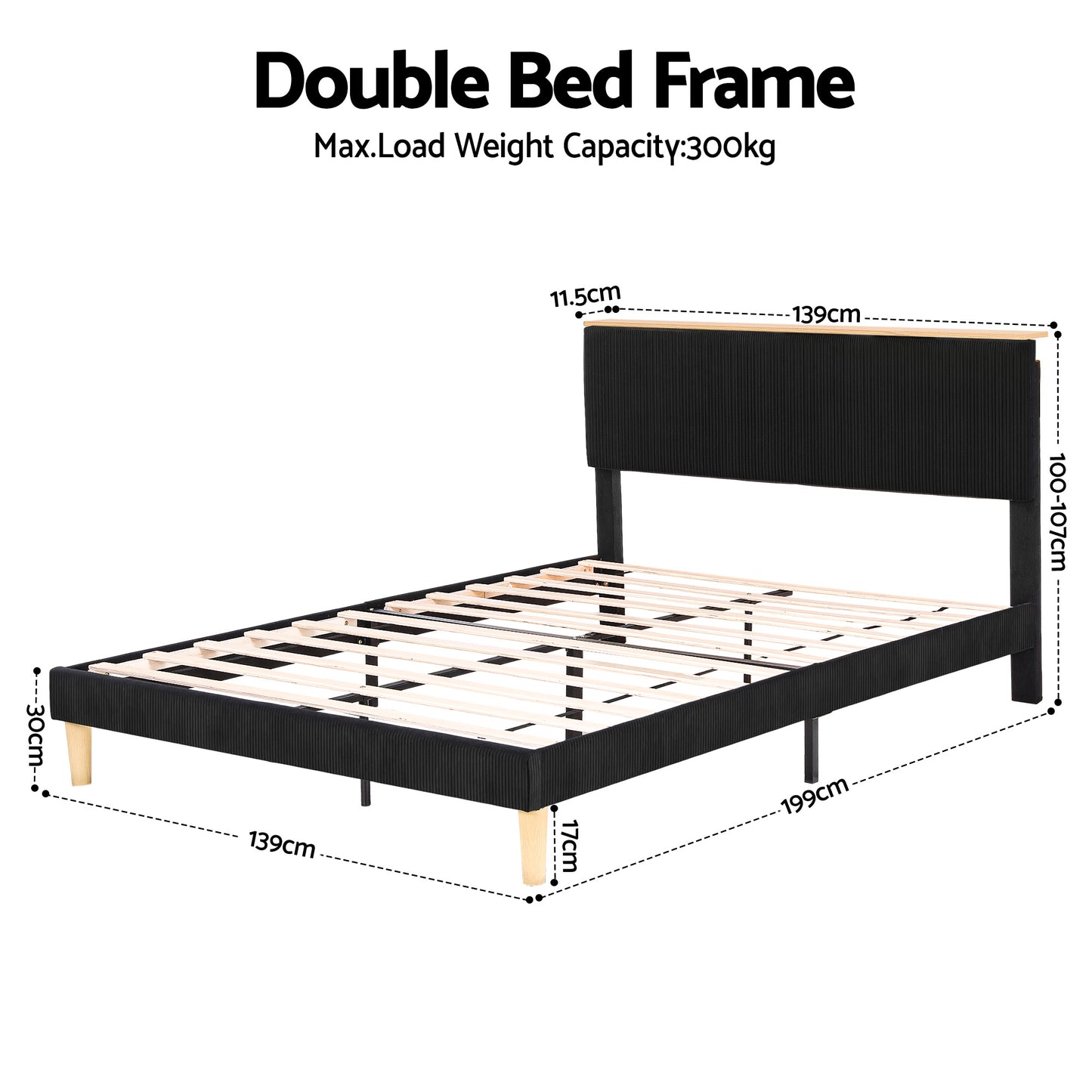 Artiss Double Bed Frame Upholstered Adjustable Headboard Mood Lighting Heavy Duty Black Velvet - Image 2