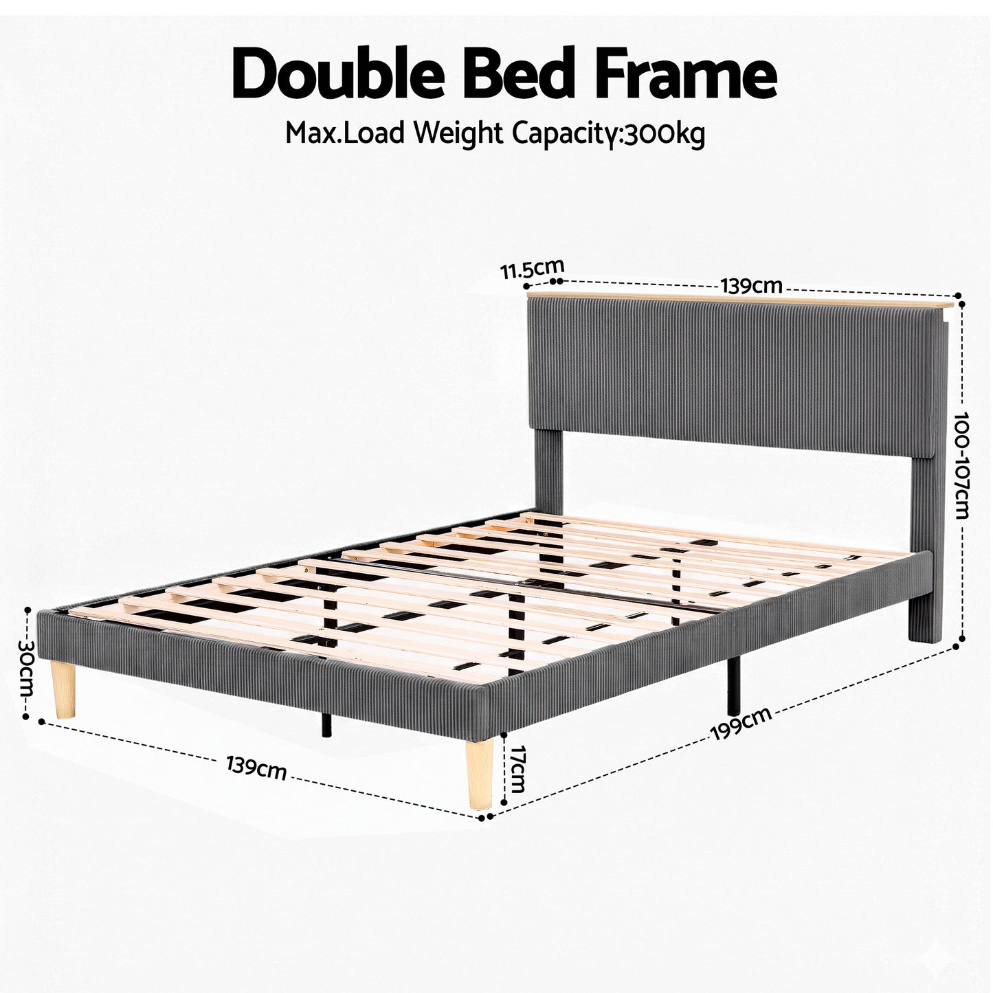 Artiss Double Bed Frame Upholstered Adjustable Headboard Mood Lighting Heavy Duty Grey Velvet - Image 2