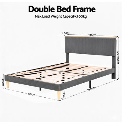Artiss Double Bed Frame Upholstered Adjustable Headboard Mood Lighting Heavy Duty Grey Velvet - Image 2