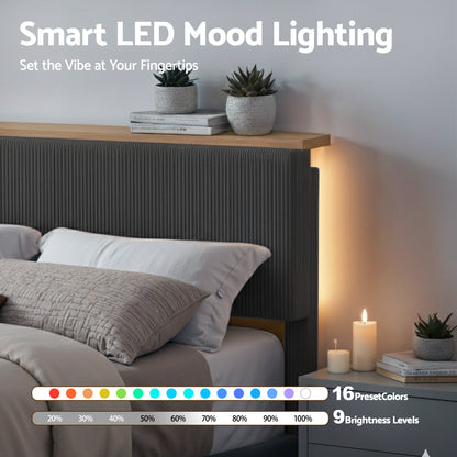 Artiss Double Bed Frame Upholstered Adjustable Headboard Mood Lighting Heavy Duty Grey Velvet - Image 5