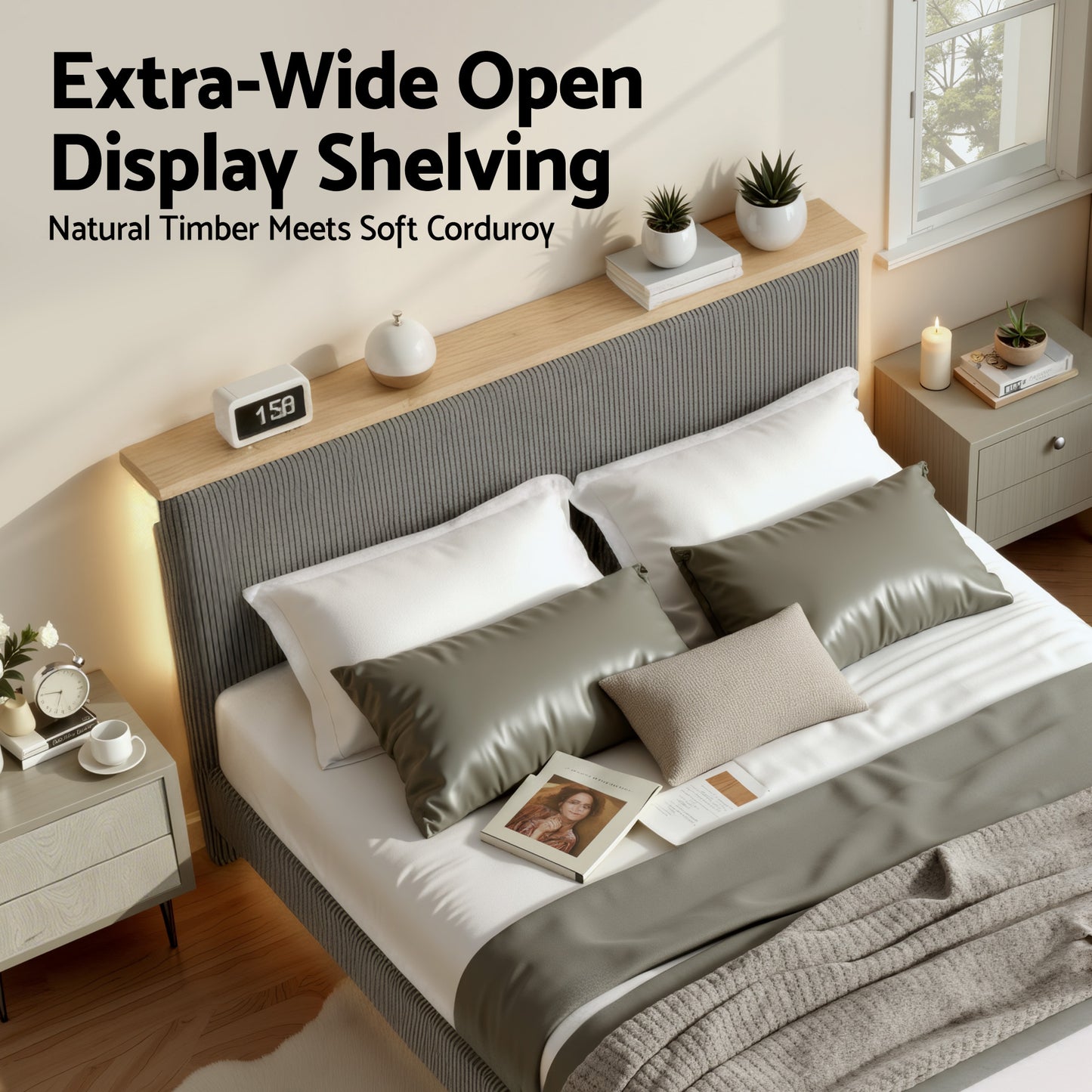 Artiss Double Bed Frame Upholstered Adjustable Headboard Mood Lighting Heavy Duty Grey Velvet - Image 6