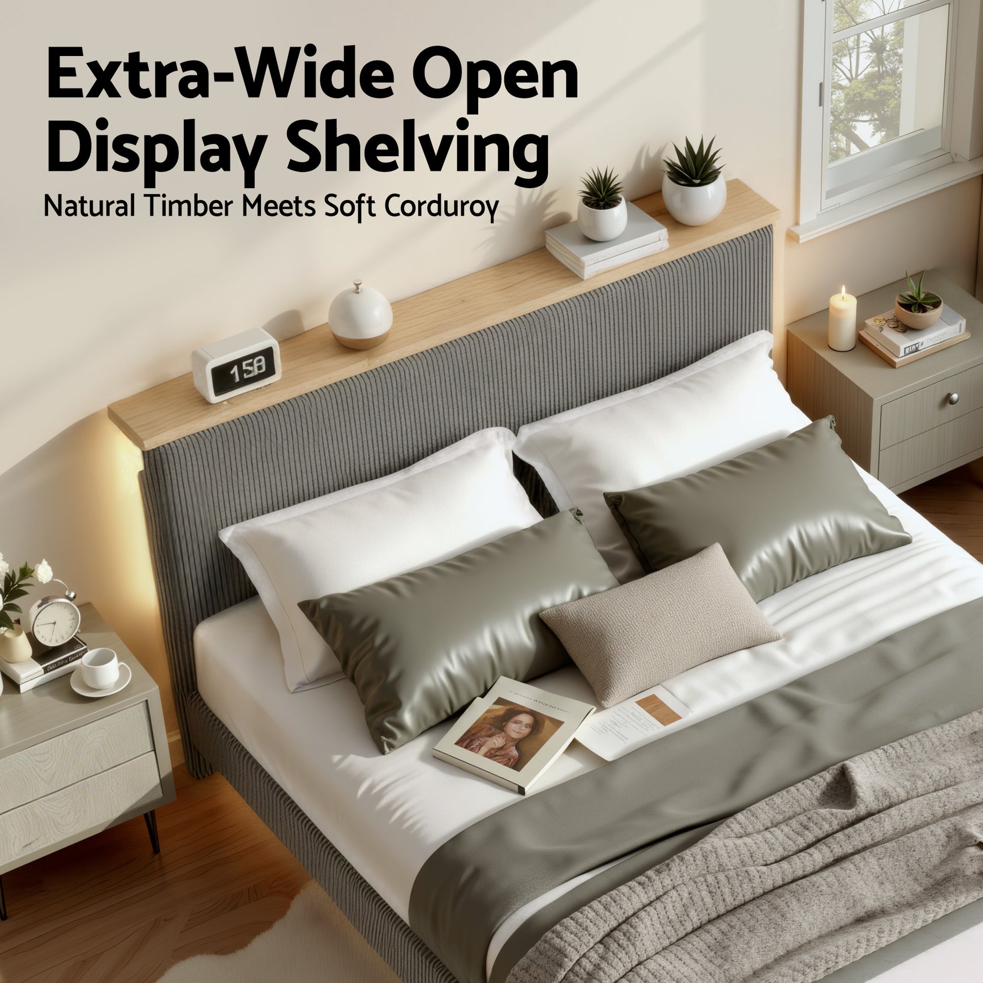 Artiss Double Bed Frame Upholstered Adjustable Headboard Mood Lighting Heavy Duty Grey Velvet - Image 6