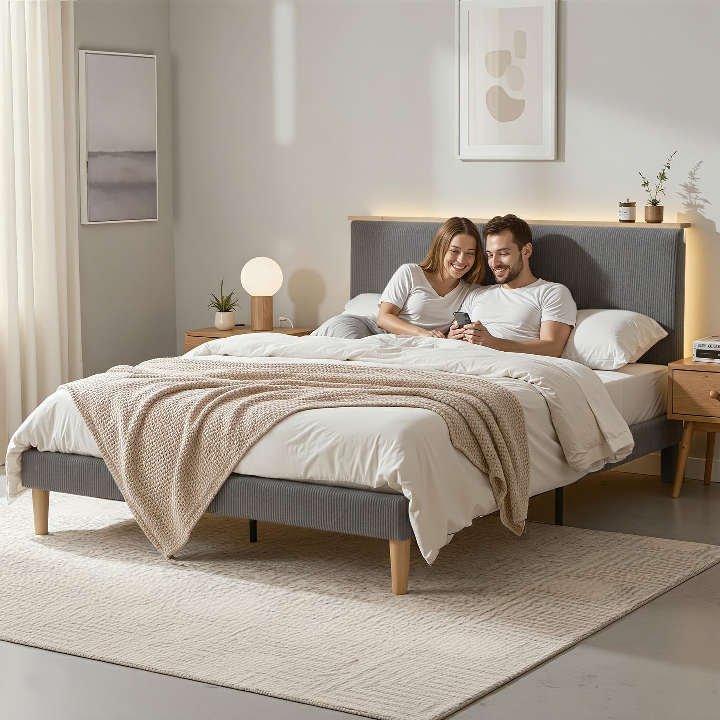 Artiss Double Bed Frame Upholstered Adjustable Headboard Mood Lighting Heavy Duty Grey Velvet - Image 7