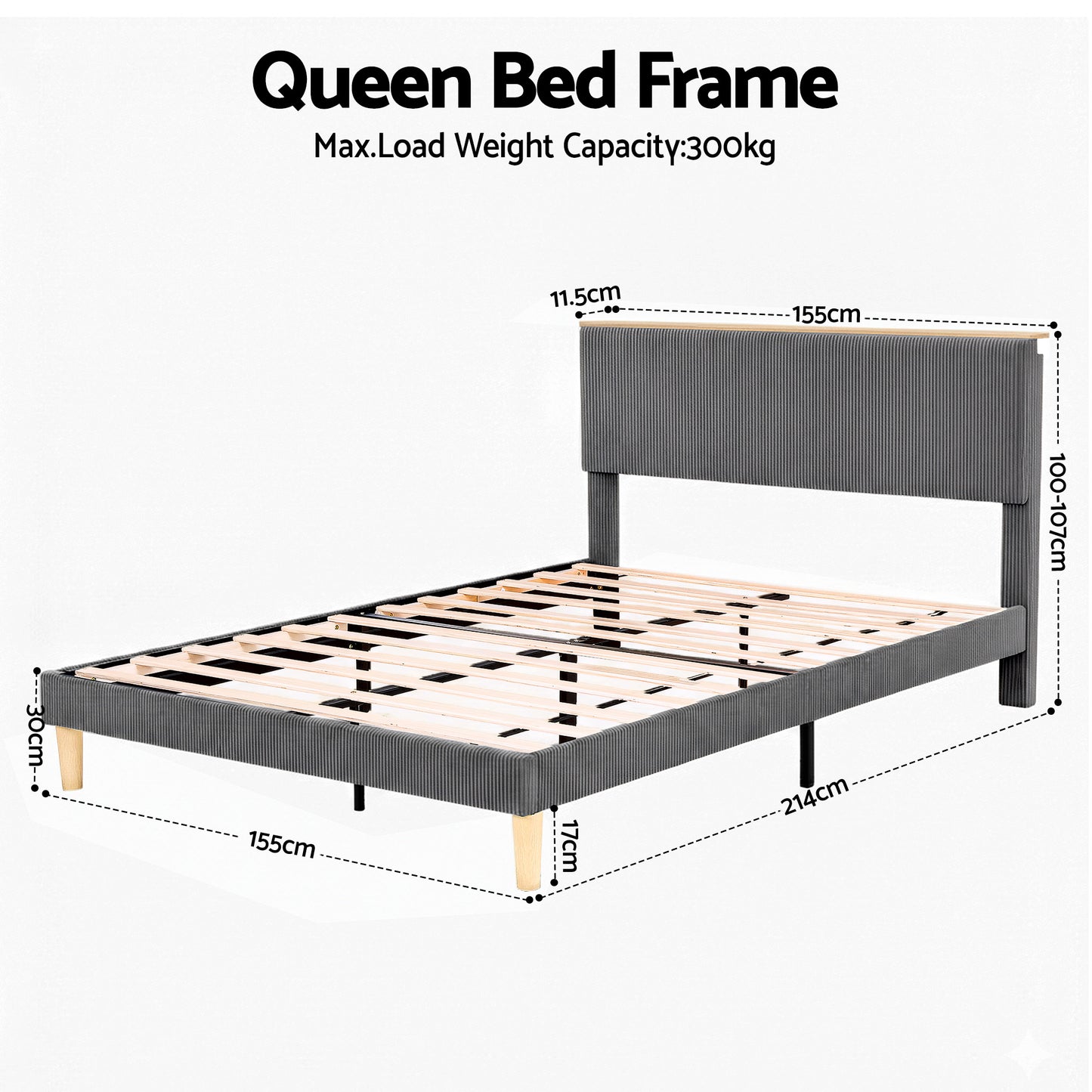 Artiss Queen Bed Frame Upholstered Adjustable Headboard Mood Lighting Heavy Duty Grey Velvet - Image 2