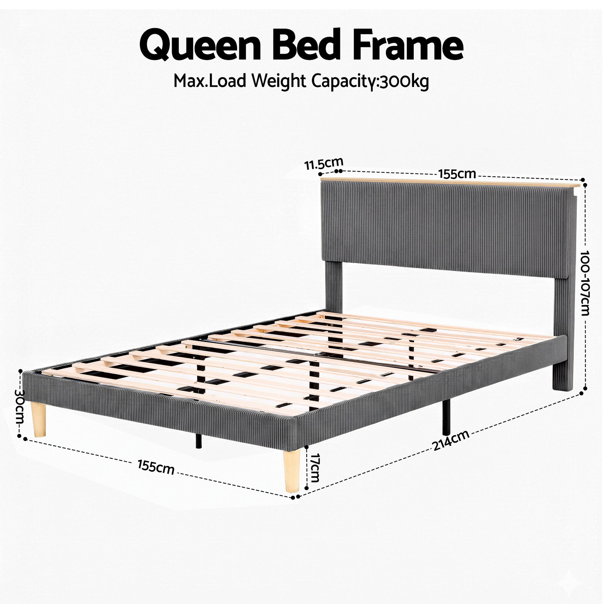 Artiss Queen Bed Frame Upholstered Adjustable Headboard Mood Lighting Heavy Duty Grey Velvet - Image 2