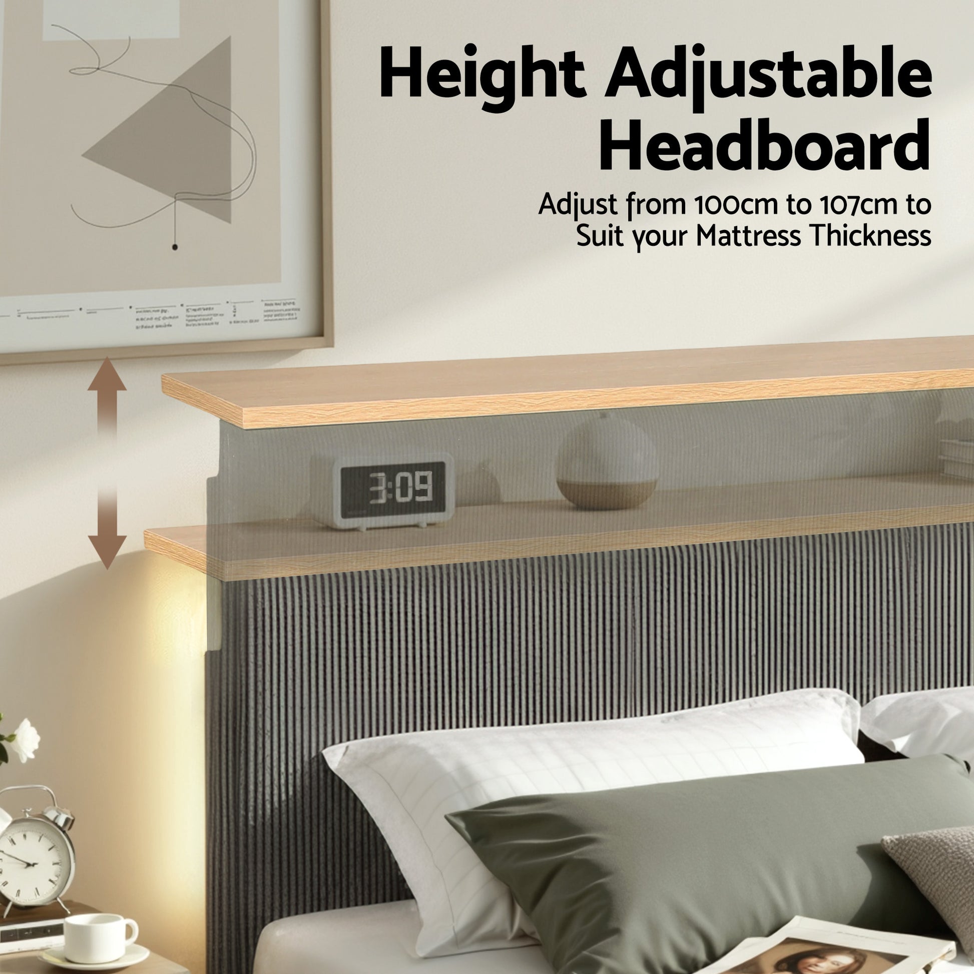 Artiss Queen Bed Frame Upholstered Adjustable Headboard Mood Lighting Heavy Duty Grey Velvet - Image 4
