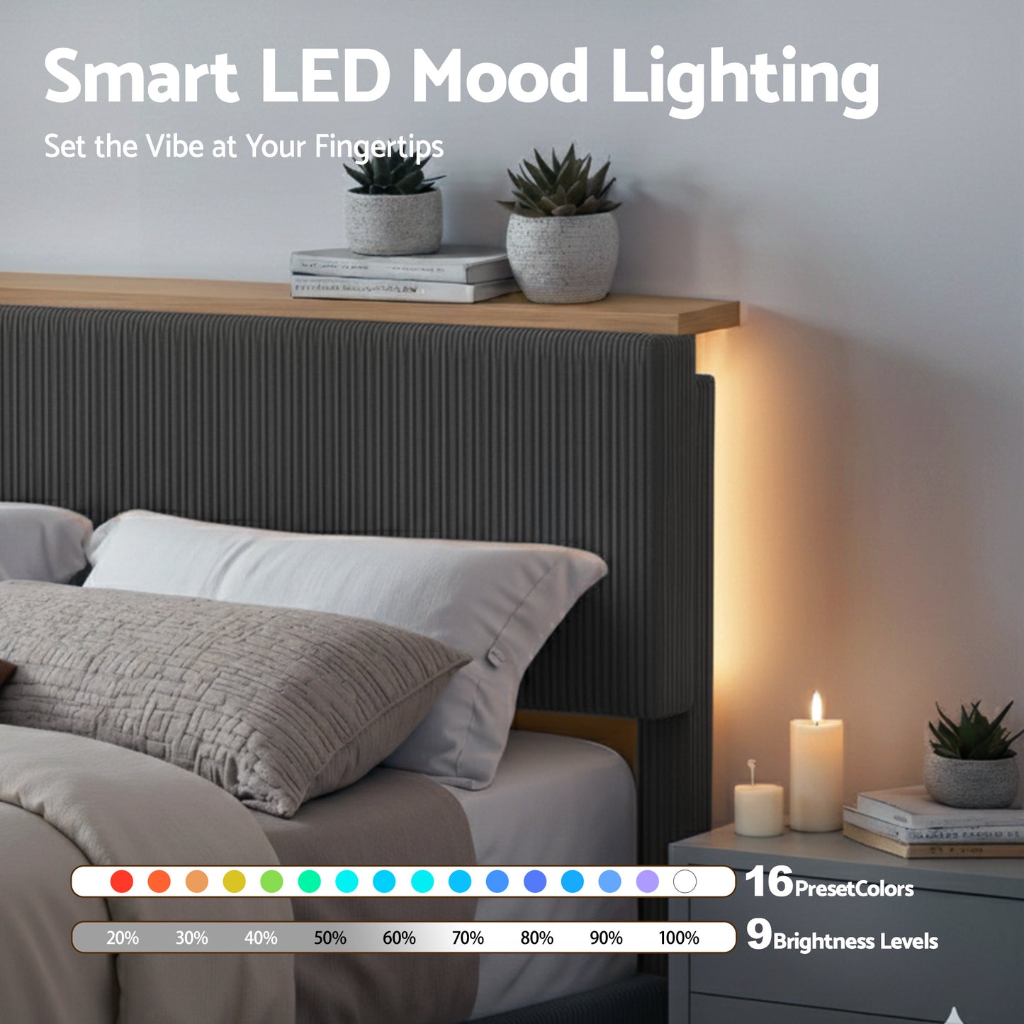 Artiss Queen Bed Frame Upholstered Adjustable Headboard Mood Lighting Heavy Duty Grey Velvet - Image 5