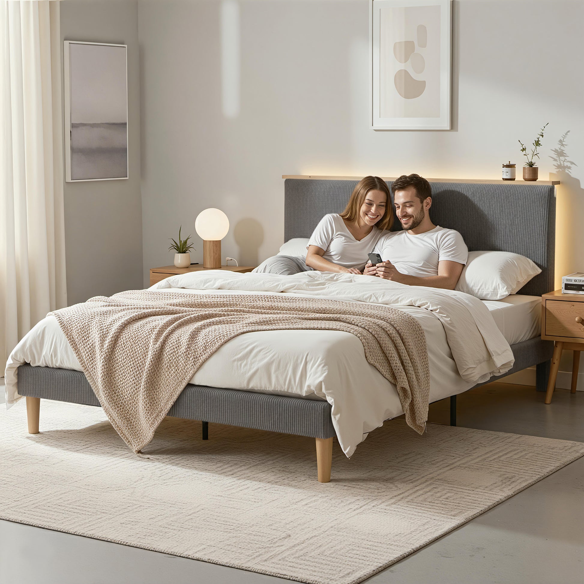 Artiss Queen Bed Frame Upholstered Adjustable Headboard Mood Lighting Heavy Duty Grey Velvet - Image 7