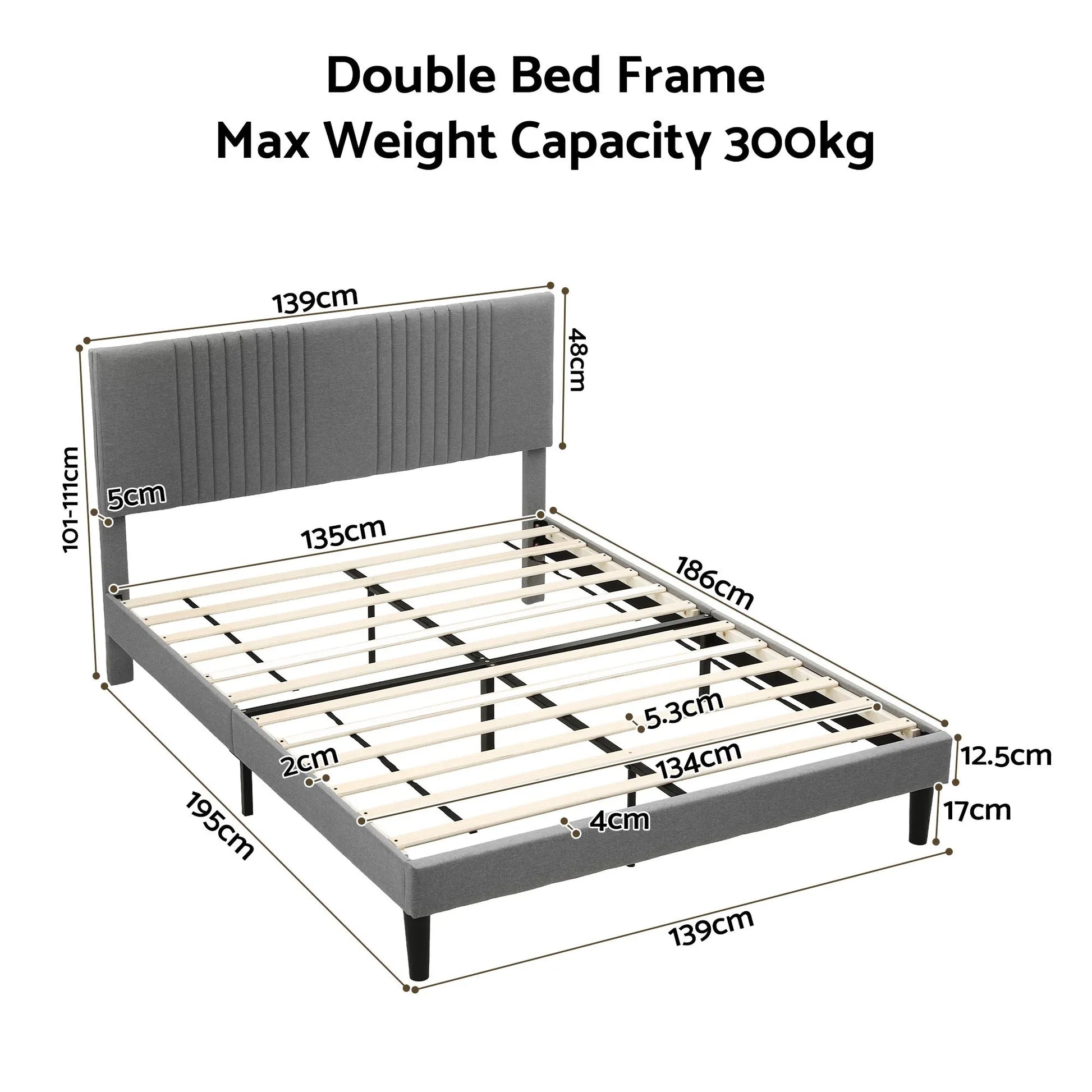 Artiss Double Bed Frame with Adjustable Headboard, Grey, 300kg Capacity - Image 3