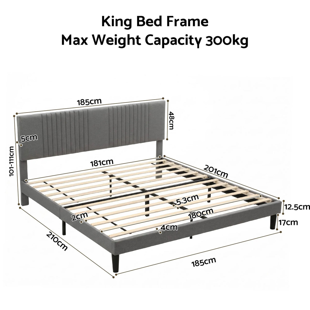 Artiss King Bed Frame with Adjustable Headboard, Grey, 300kg Capacity - Image 3