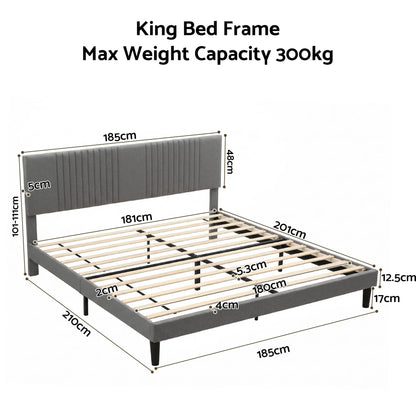 Artiss King Bed Frame with Adjustable Headboard, Grey, 300kg Capacity - Image 3