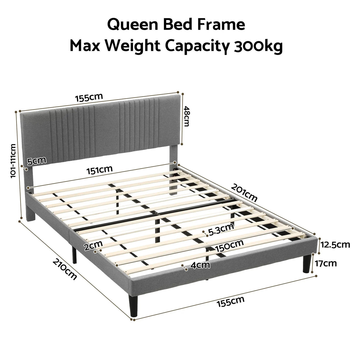 Artiss Queen Bed Frame with Adjustable Headboard, Grey, 300kg Capacity - Image 3
