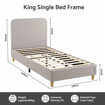 Artiss King Single Bed Frame with Headboard, Faux Linen Fabric Grey - Image 3