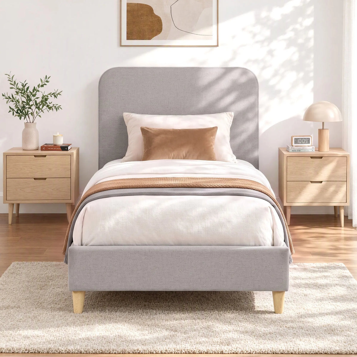 Artiss Single Bed Frame with Headboard, Faux Linen Fabric Grey