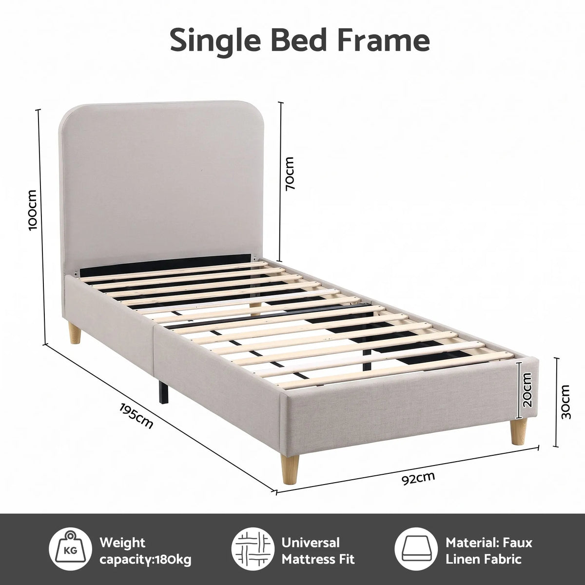 Artiss Single Bed Frame with Headboard, Faux Linen Fabric Grey - Image 3