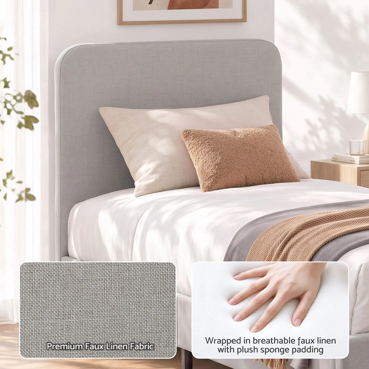 Artiss Single Bed Frame with Headboard, Faux Linen Fabric Grey - Image 7