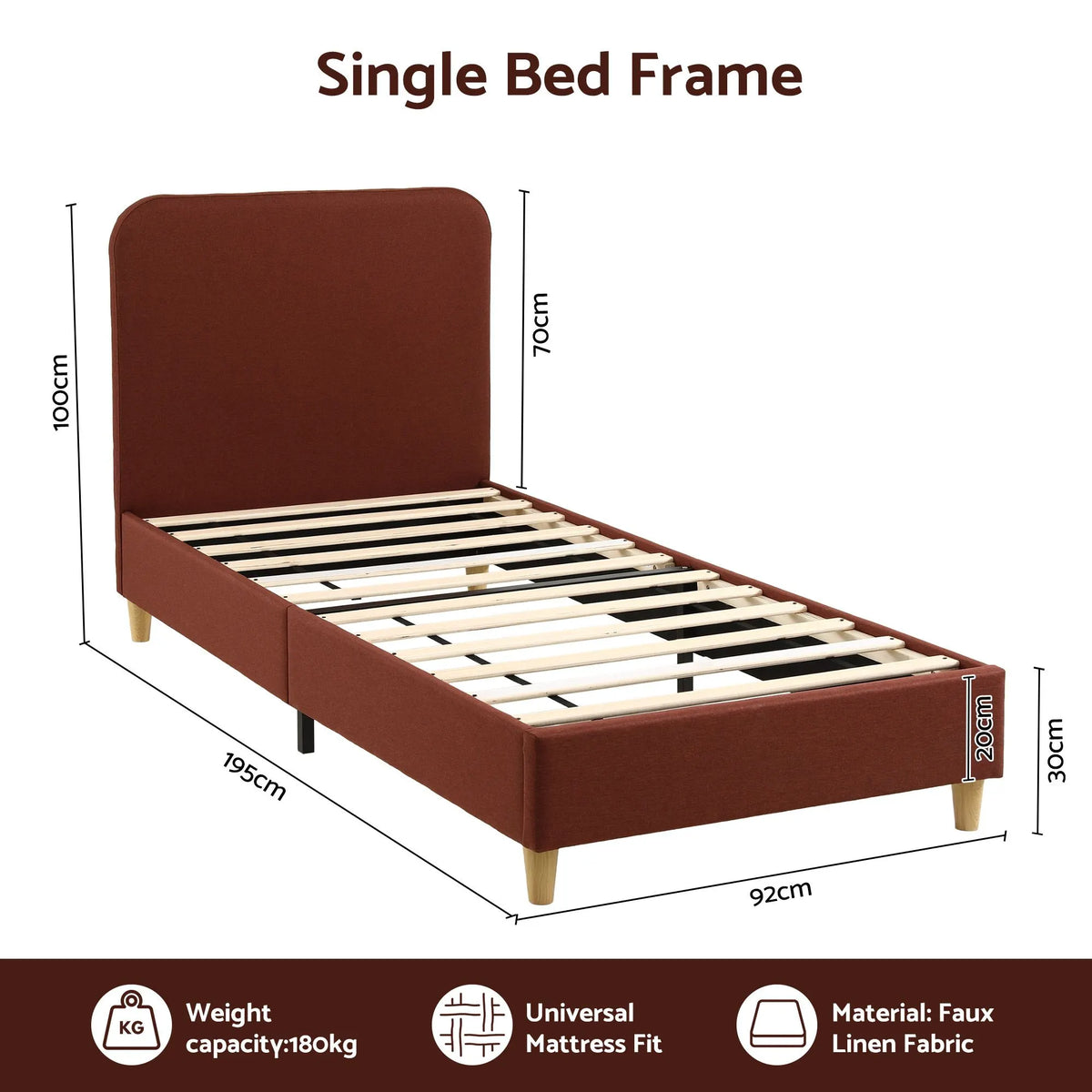 Artiss Single Bed Frame with Headboard, Faux Linen Fabric Brown - Image 3