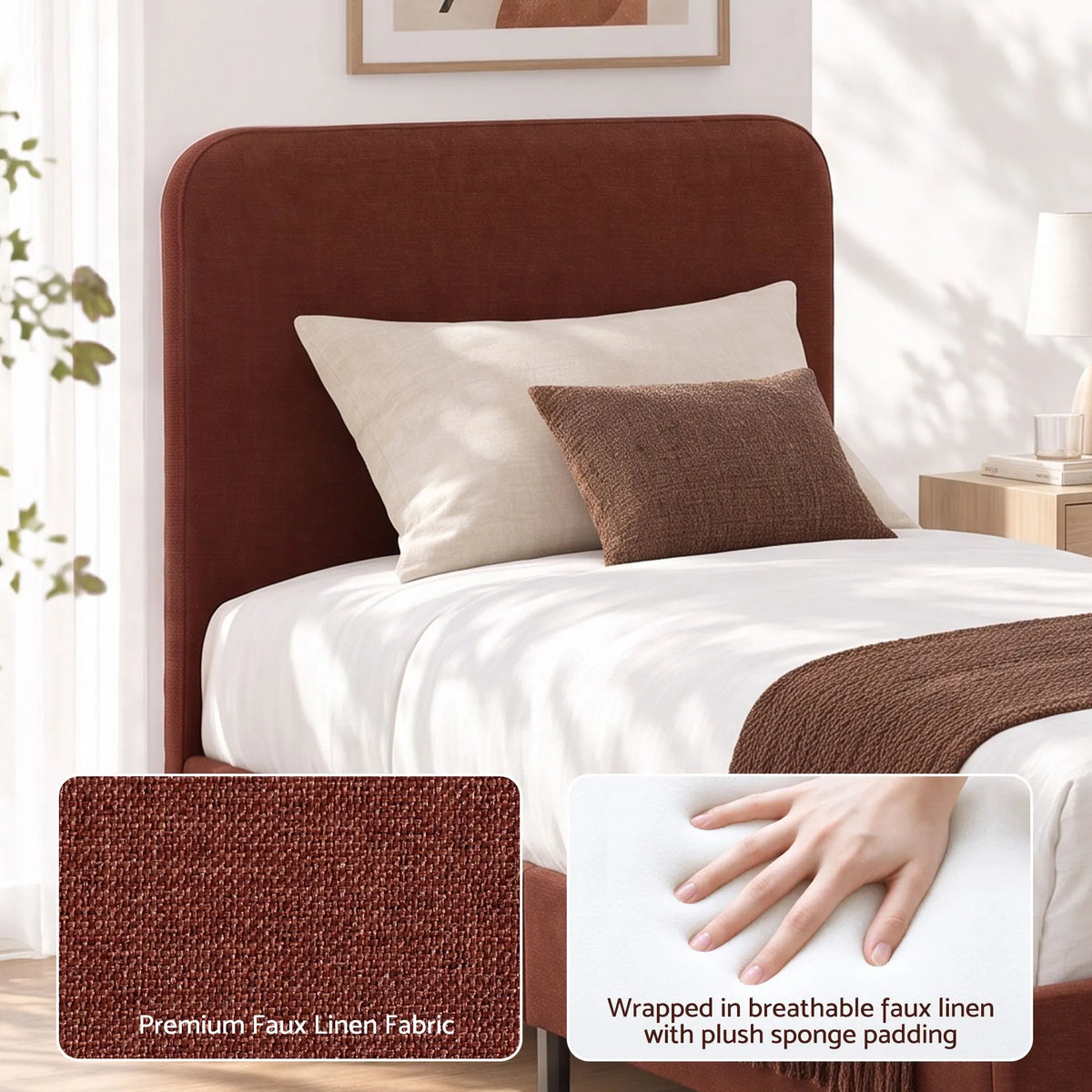 Artiss Single Bed Frame with Headboard, Faux Linen Fabric Brown - Image 7