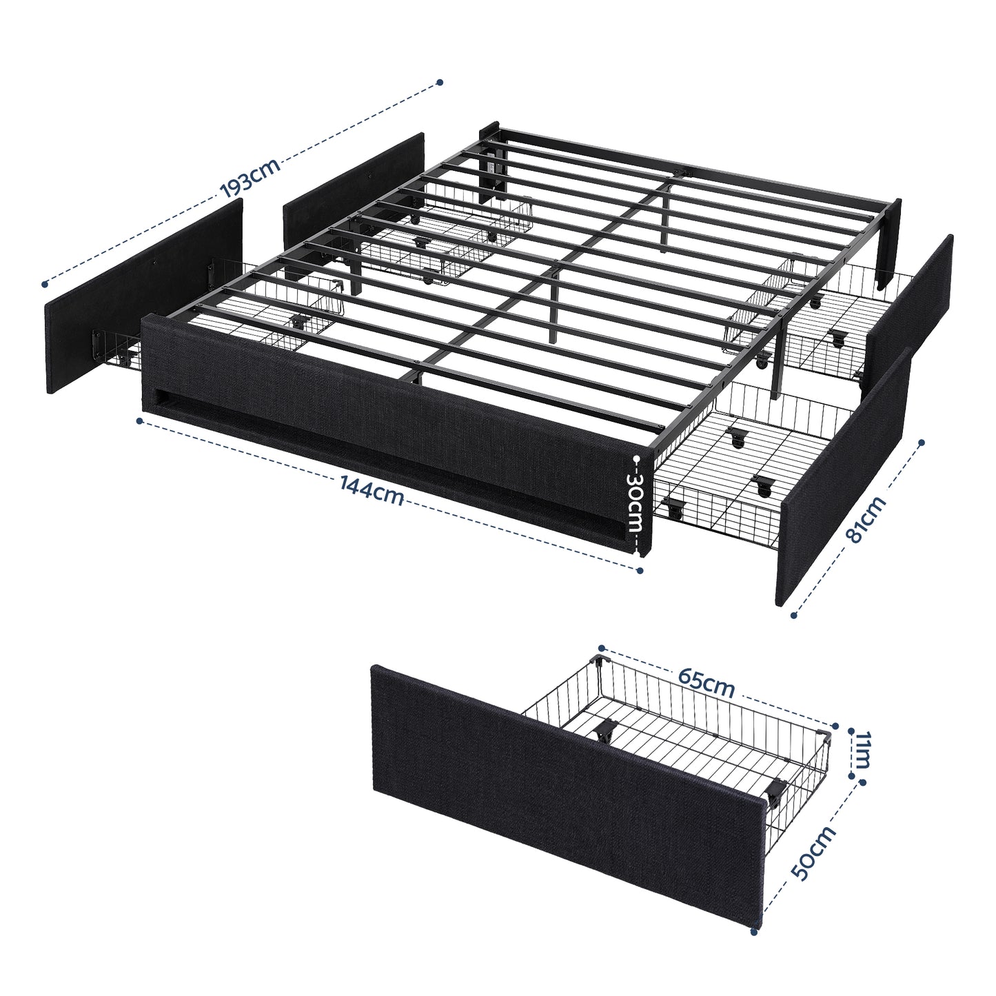 Artiss Double Bed Frame with Storage Drawers RGB Lights Charging Station Upholstered Fabric - Image 2