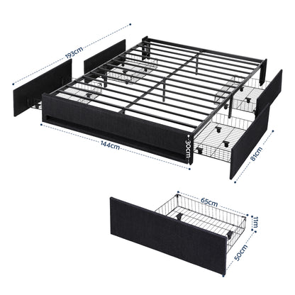 Artiss Double Bed Frame with Storage Drawers RGB Lights Charging Station Upholstered Fabric - Image 2