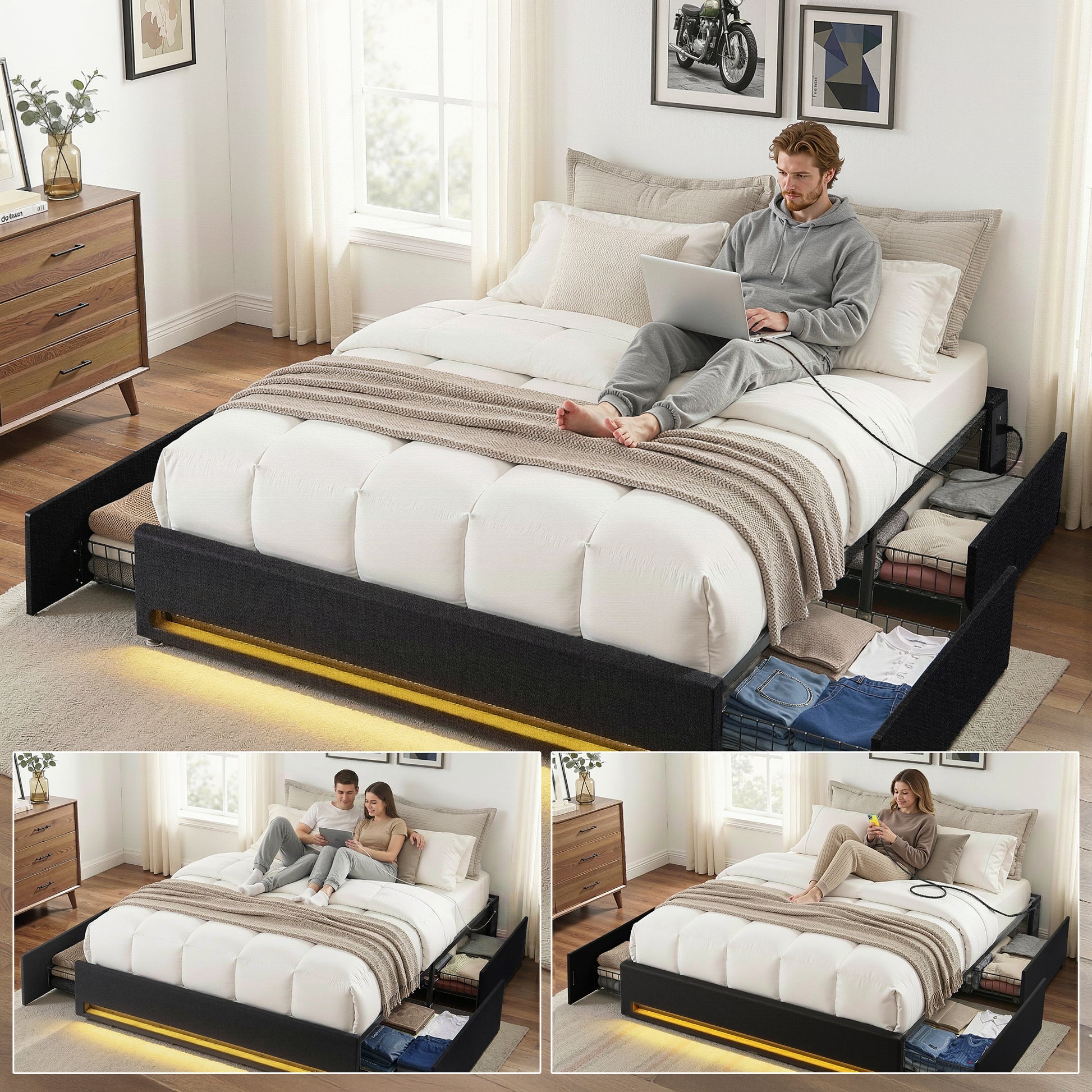 Artiss Double Bed Frame with Storage Drawers RGB Lights Charging Station Upholstered Fabric - Image 4