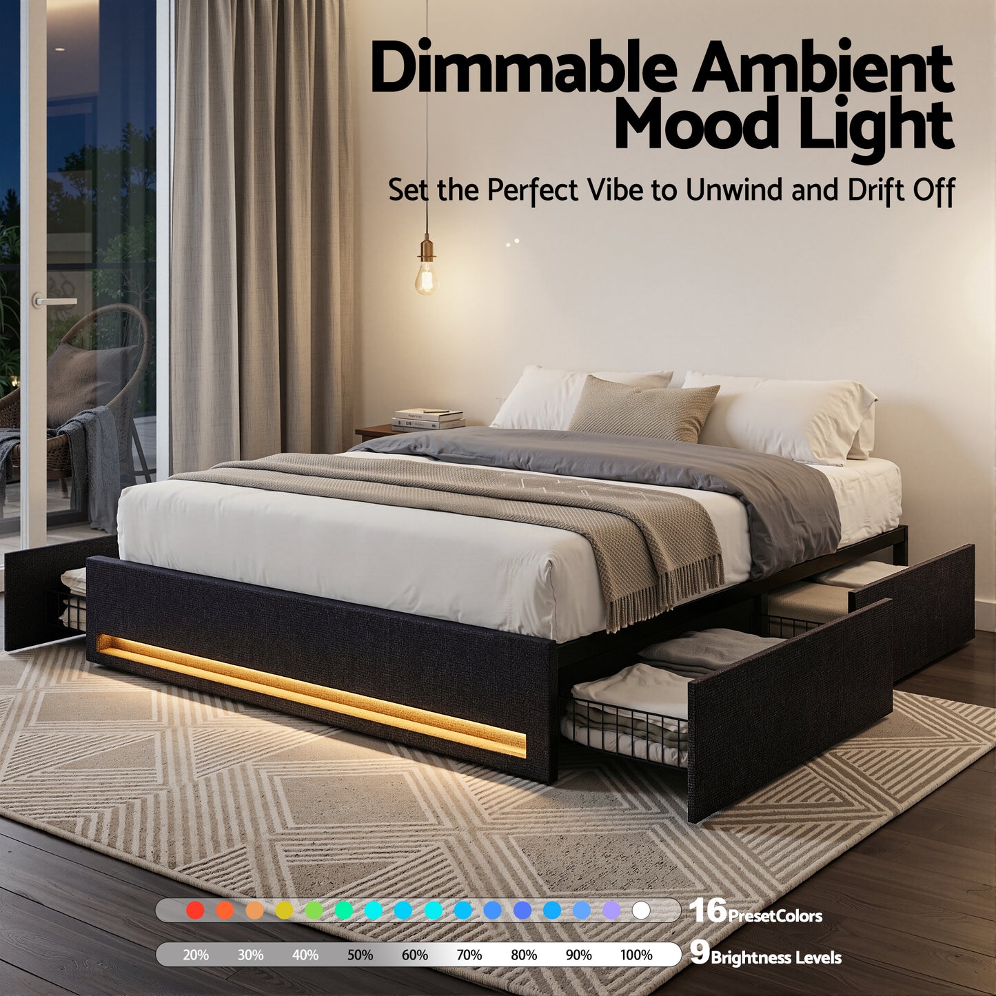 Artiss Double Bed Frame with Storage Drawers RGB Lights Charging Station Upholstered Fabric - Image 5