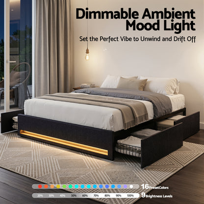 Artiss Double Bed Frame with Storage Drawers RGB Lights Charging Station Upholstered Fabric - Image 5